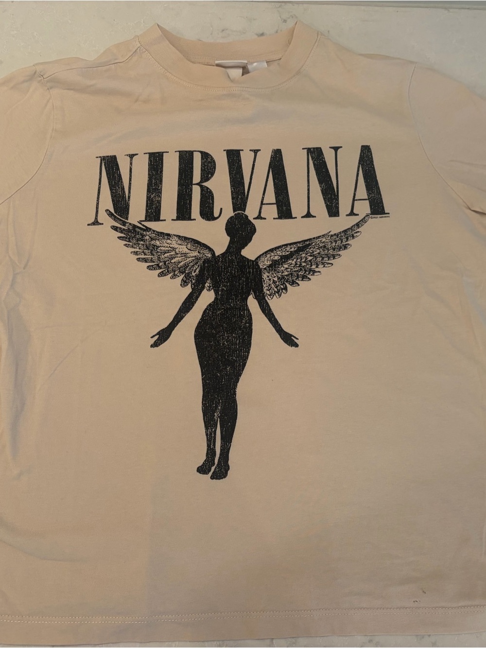 NIRVANA Beige Short Sleeve Tee with Black Winged Figure Size S